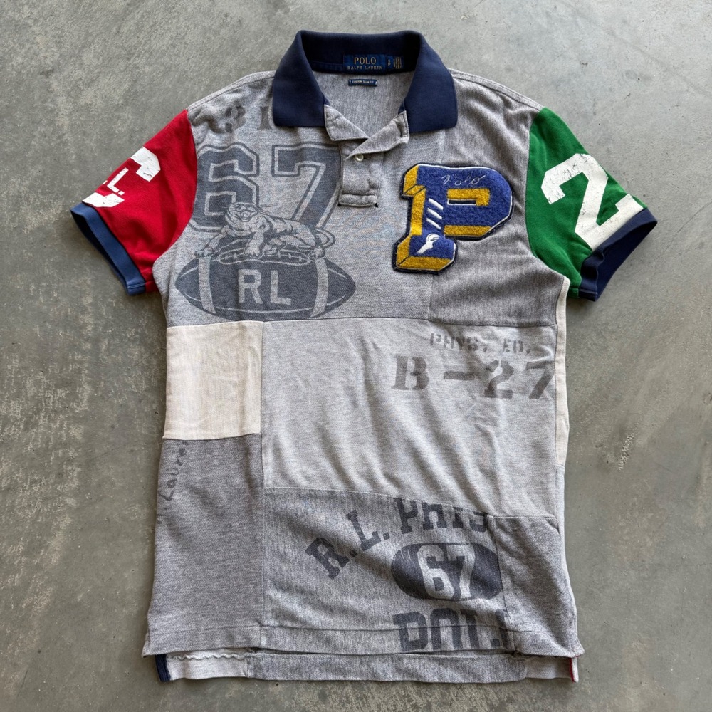 Polo Ralph Lauren Mens Custom Slim Fit Patchwork Varsity Polo Shirt Grey S